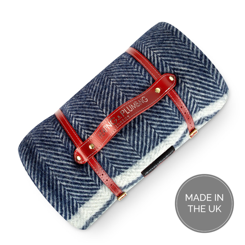 Thumbnail of Pure New Wool Waterproof Picnic Blanket - Marine Blue with Grey Stripes image