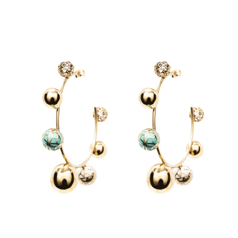 Thumbnail of Gold Sphere Hoops With Natural Stone Turquoise /Coral image