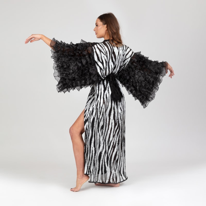 Thumbnail of Rafferty - Black And Silver Lurex Robe With Black Frilly Chiffon Sleeves image