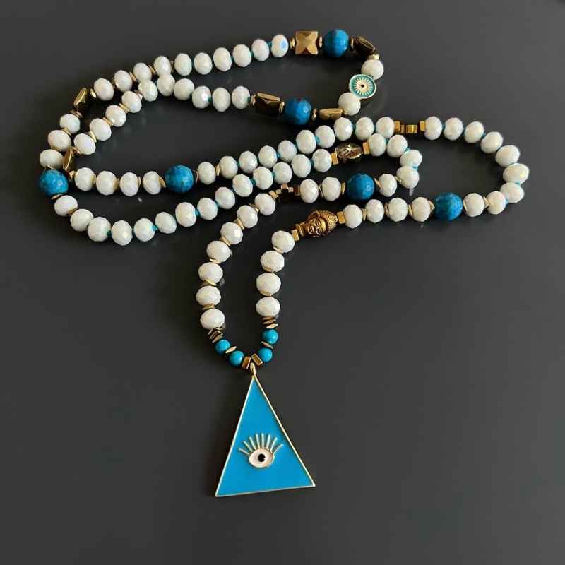 Thumbnail of Mystic Symbols & Blue Evil Eye Pendant White Beaded Necklace - Blue image