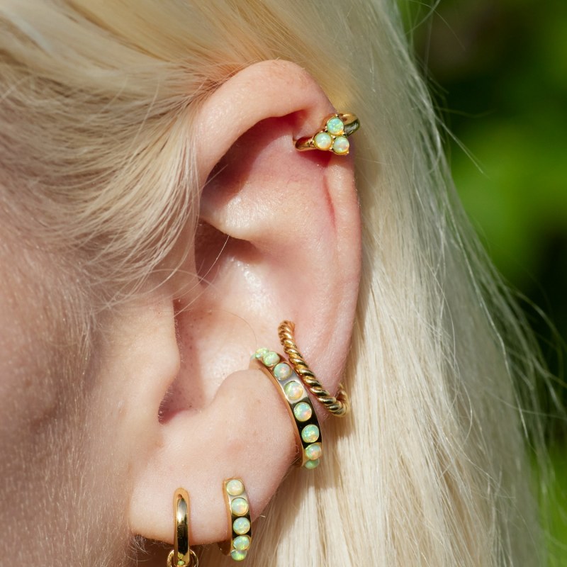 Gold Lime Green Opal Trinity Huggie Earrings Scream Pretty