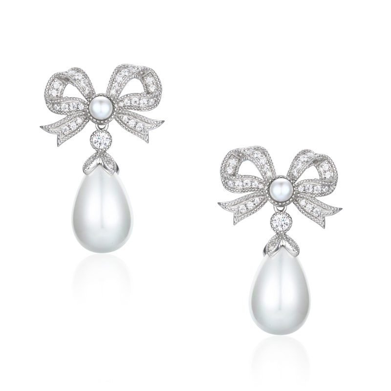 Queen Bow & Pearl Drop Silver Earrings | Santinni | Wolf & Badger