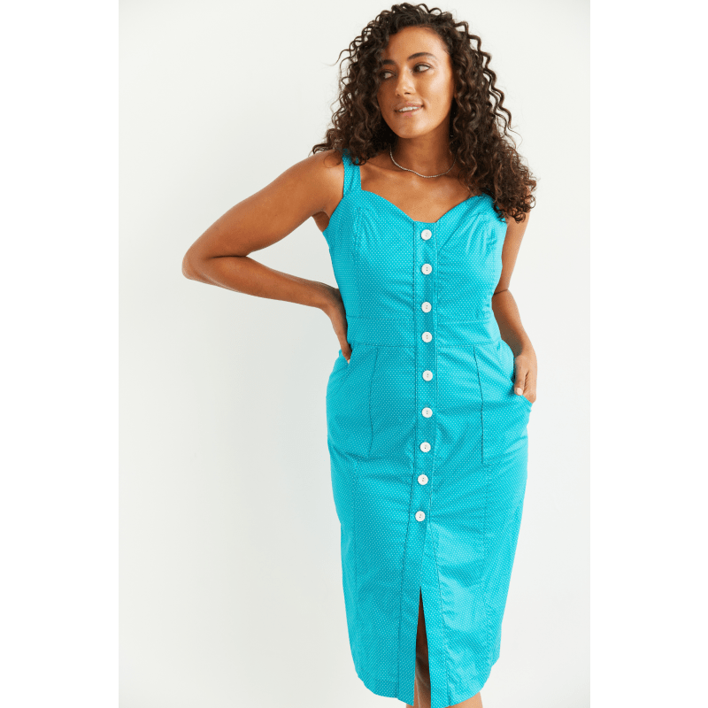 Thumbnail of Queenie Sweetheart High Waisted Dress In Teal Pin Spot image