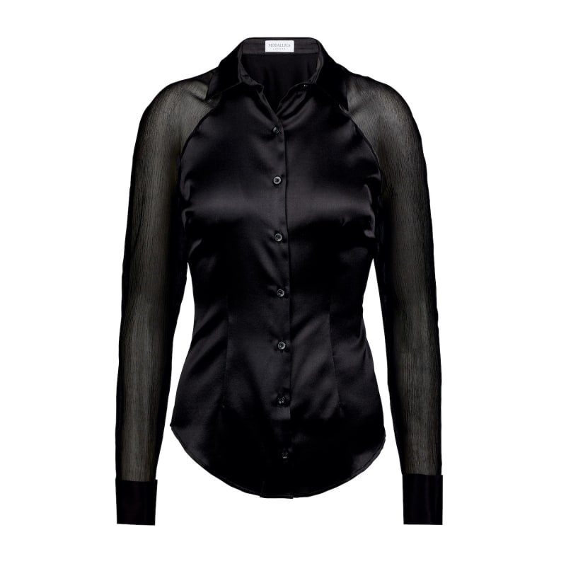 Thumbnail of Taylor- Black Peace Silk Fitted Shirt With Transparent Sleeves image