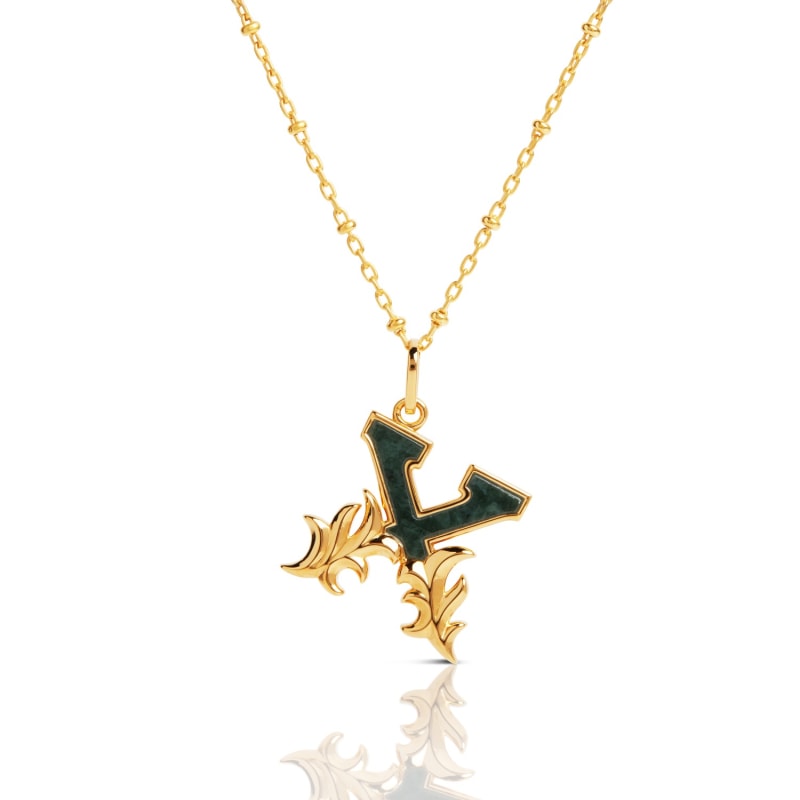 Gold Plated X Initial Necklace With Green Marble Kasun Wolf