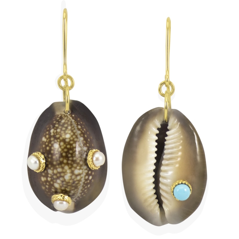 Thumbnail of Pearls & Turquoise Dark Cowrie Shell Earrings image