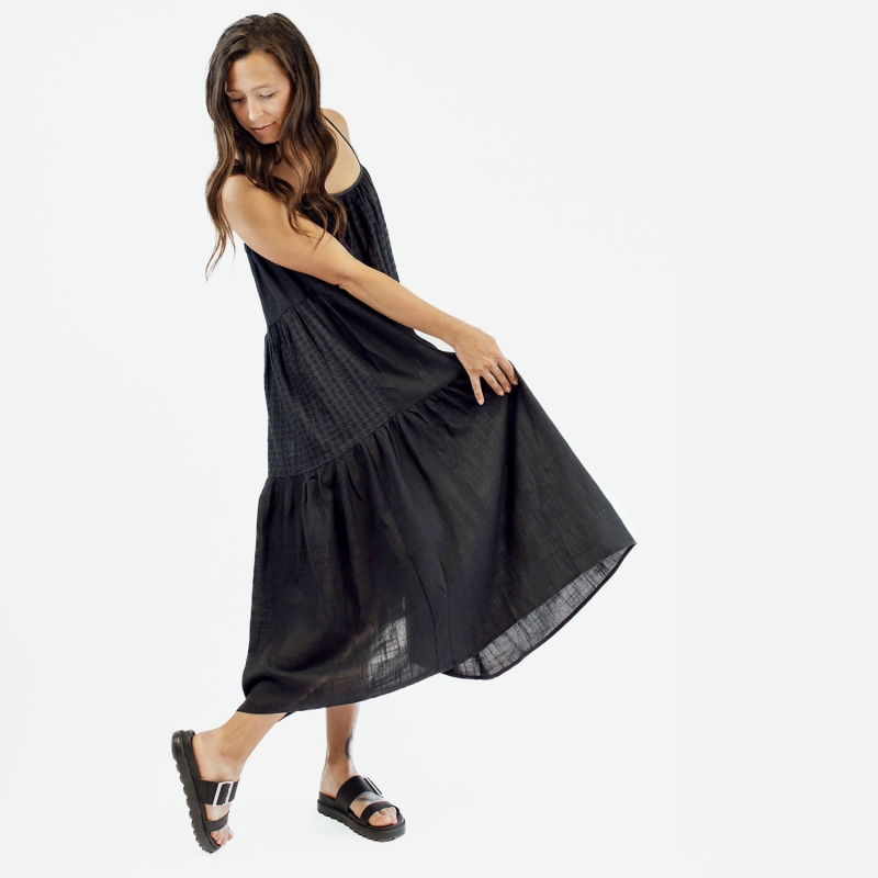 Thumbnail of Cotton Linen Tiered Patchwork Slip Dress - Black image