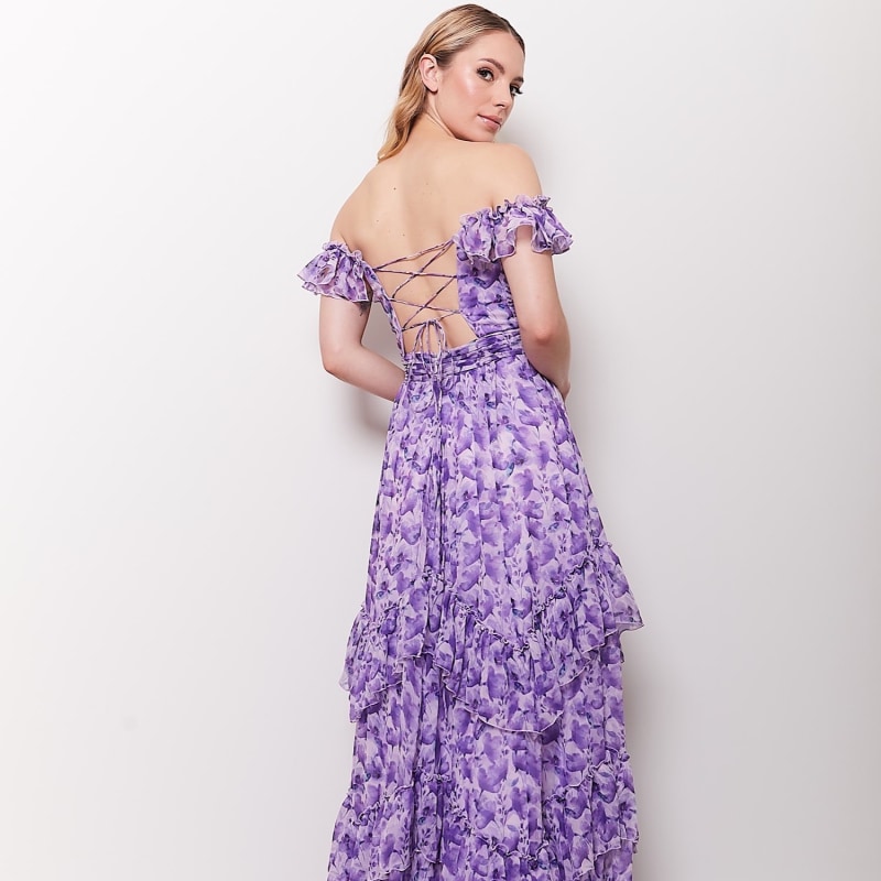 Thumbnail of Laura Printed Chiffon Long Evening Dress In Purple image