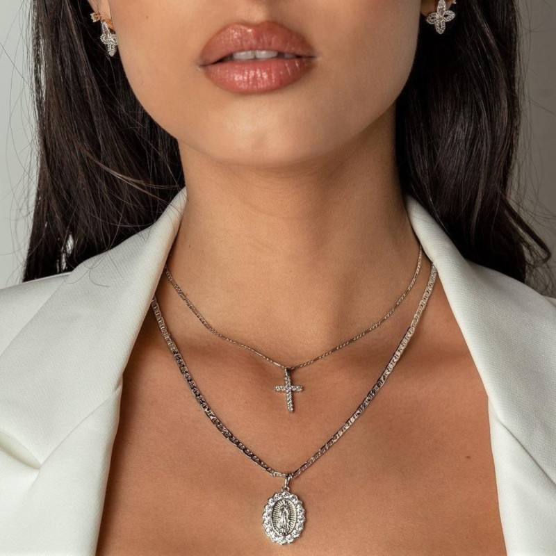 Silver Mini Cross Figaro Chain Necklace The Essential Jewels