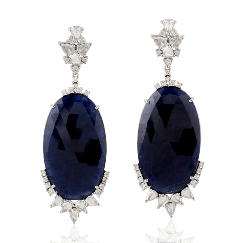 Thumbnail of 18K White Gold Pave Diamond Blue Sapphire Dangle Earrings Handmade Jewelry image