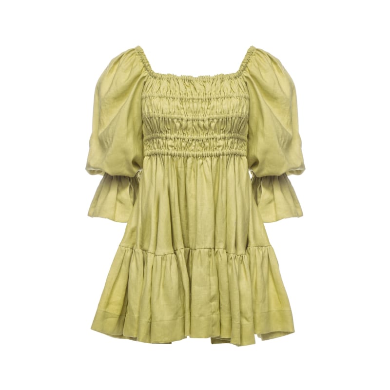 Thumbnail of Amelia Ruched Mini Linen Dress In Lime Cream image