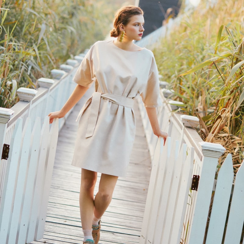 Raglan Sleeve Cotton Twill Midi Dress Beige by IPANOMI