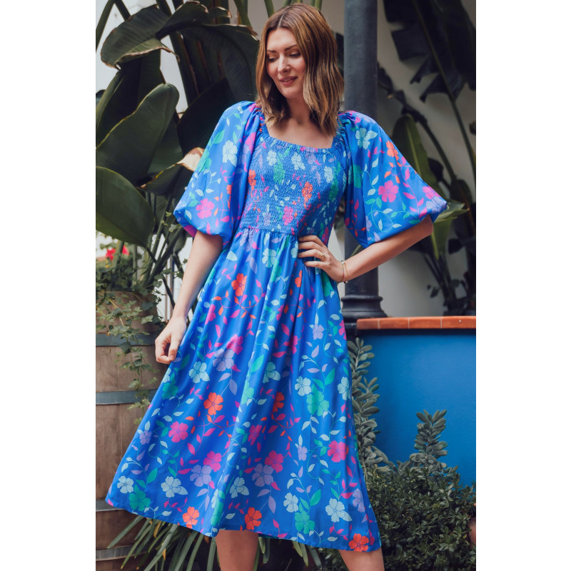 Thumbnail of Raquel Midi Shirred Dress Blue, Rainbow Floral Vine image