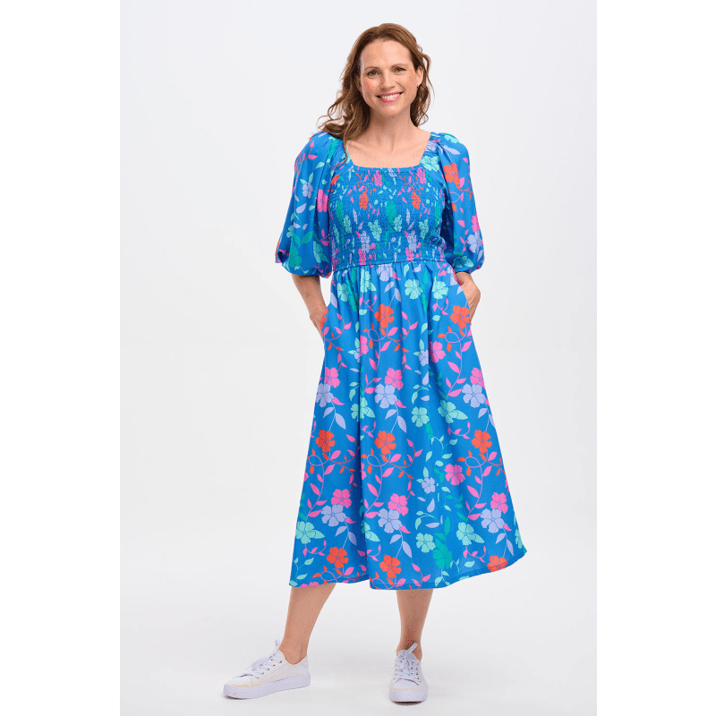 Thumbnail of Raquel Midi Shirred Dress Blue, Rainbow Floral Vine image