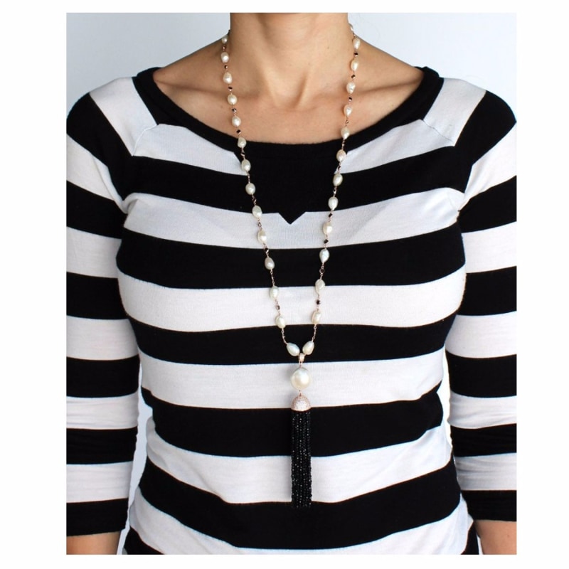 Thumbnail of White Pearl & Onyx Tassel Necklace image