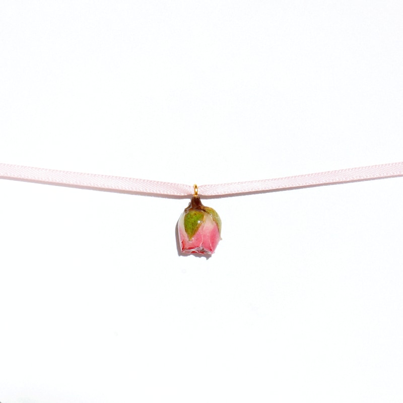 Thumbnail of Real Flower Bella Rosa Pink Stain Ribbon Choker With Rosebud Pendant image