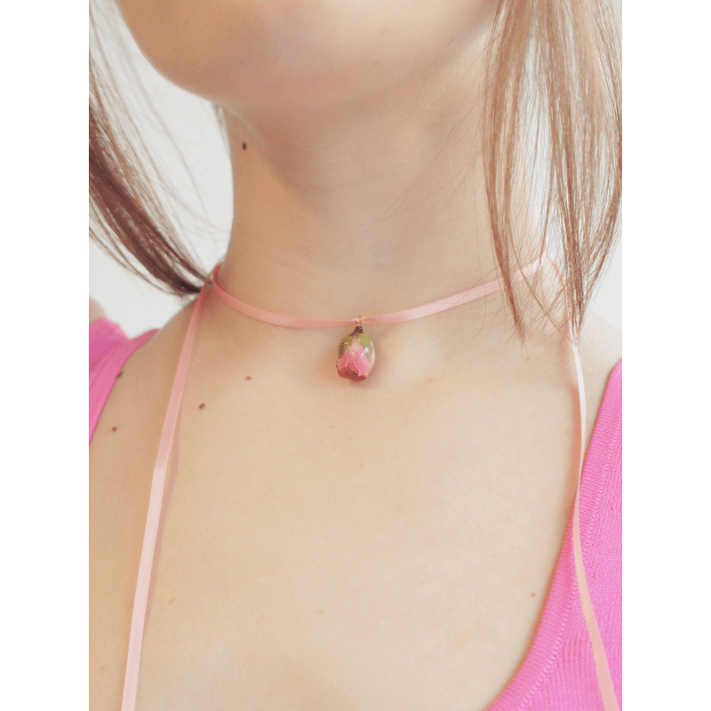 Thumbnail of Real Flower Bella Rosa Pink Stain Ribbon Choker With Rosebud Pendant image