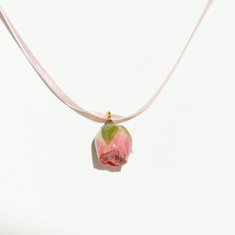 Thumbnail of Real Flower Bella Rosa Pink Stain Ribbon Choker With Rosebud Pendant image