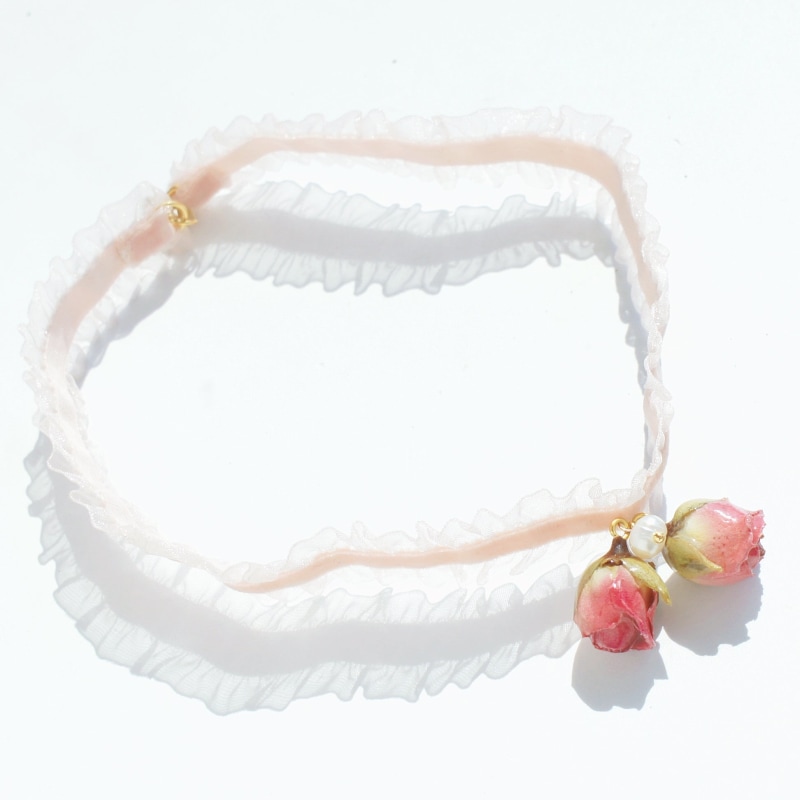 Thumbnail of Real Flower Bella Rosa Ruffled Tulle Velvet Ribbon Choker With Double Rosebuds & Freshwater Pearl image