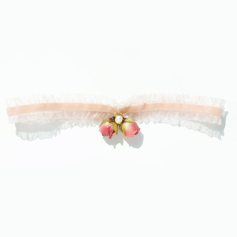 Thumbnail of Real Flower Bella Rosa Ruffled Tulle Velvet Ribbon Choker With Double Rosebuds & Freshwater Pearl image