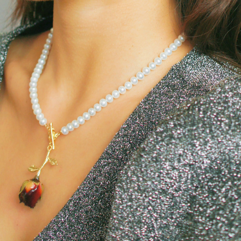 Thumbnail of Real Flower Grande Amore Freshwater Pearl Choker Necklace With Rosebud Pendant image