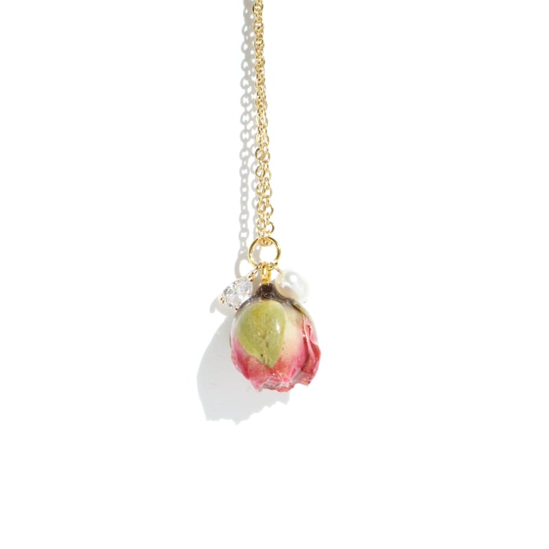 Thumbnail of Real Flower Ingrid Chain Necklace With Rosebud, Crystal & Pearl Pendants image