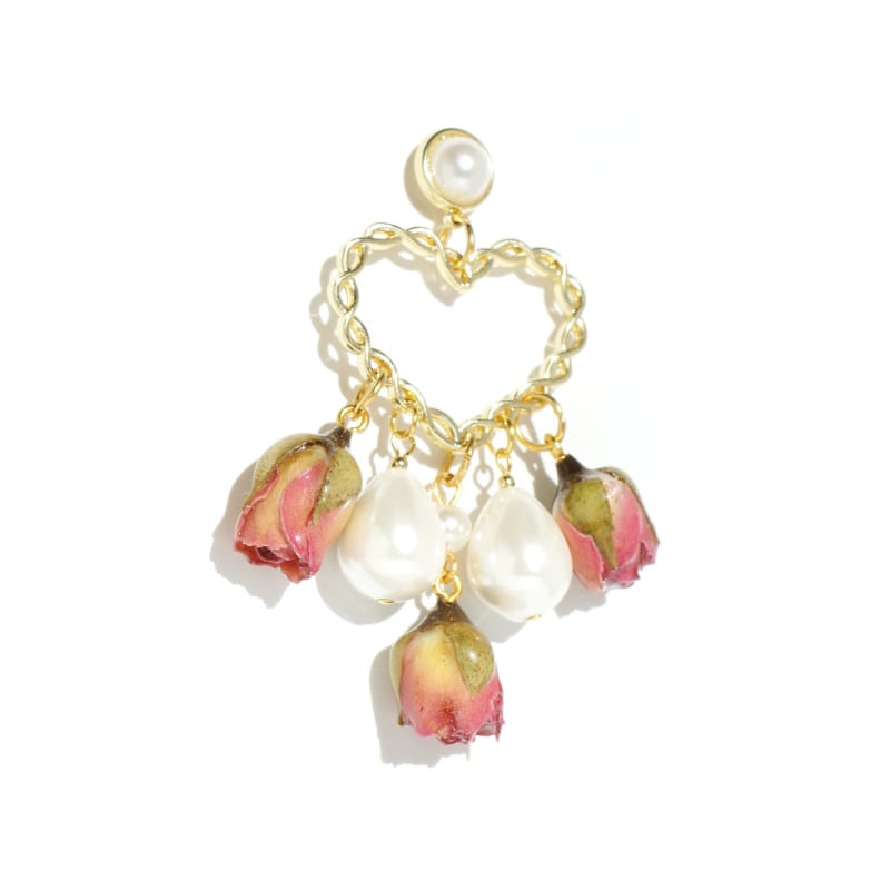 Thumbnail of Real Flower Ingrid Rosebud, Pearl and Heart Drop Earrings With Pearl Studs image