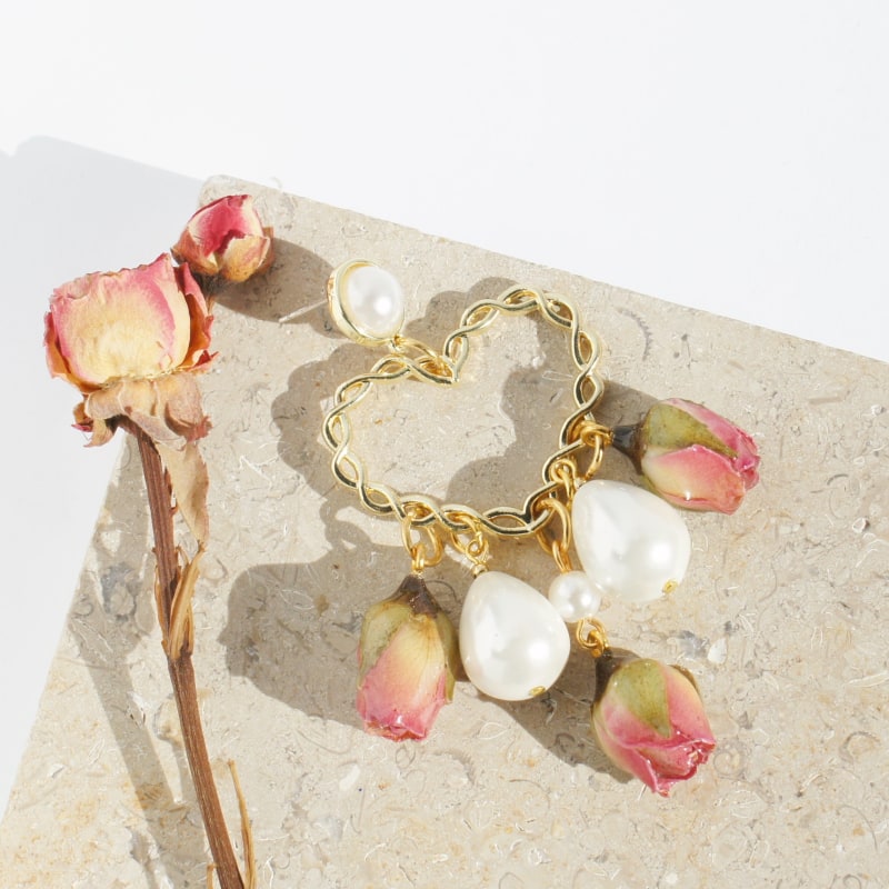 Thumbnail of Real Flower Ingrid Rosebud, Pearl and Heart Drop Earrings With Pearl Studs image