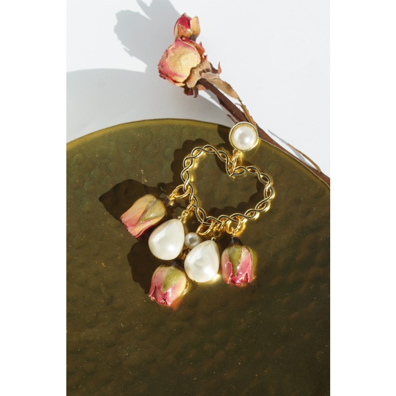 Thumbnail of Real Flower Ingrid Rosebud, Pearl and Heart Drop Earrings With Pearl Studs image