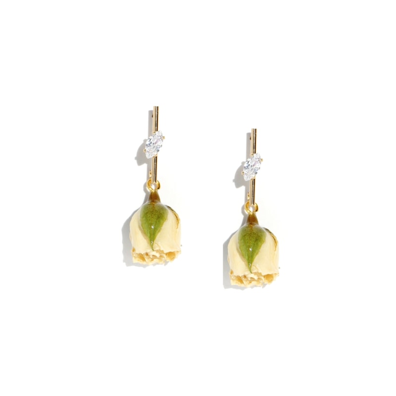 Thumbnail of Real Flower Rosa Brillante Rosebud Drop Earrings With Golden Stem & Crystal image