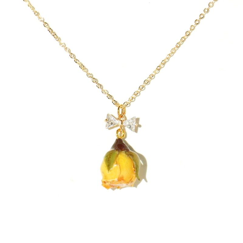 Thumbnail of Real Flower Rosa Brillante Yellow Rosebud Pendant Chain Necklace With Crystal Bow image