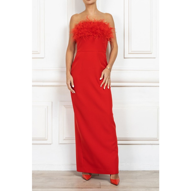 Thumbnail of Red Bandeau Feather Trim Maxi Dress With Detachable Sleeves image