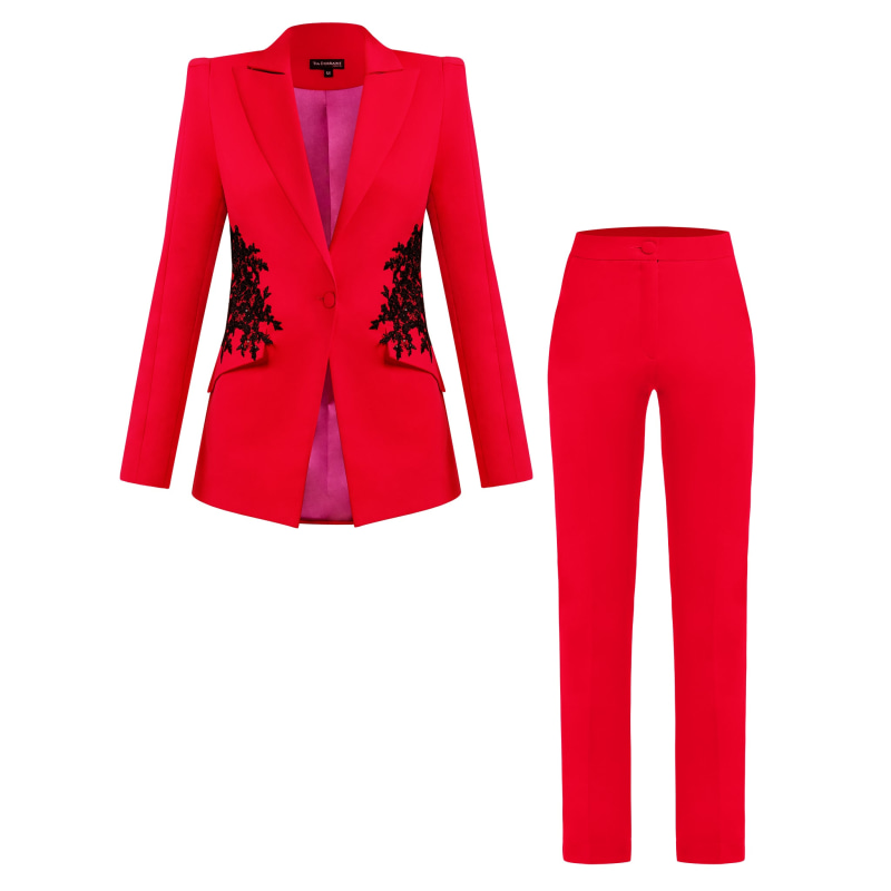 Red Fantasy Tailored Suit With Embroidery by Tia Dorraine
