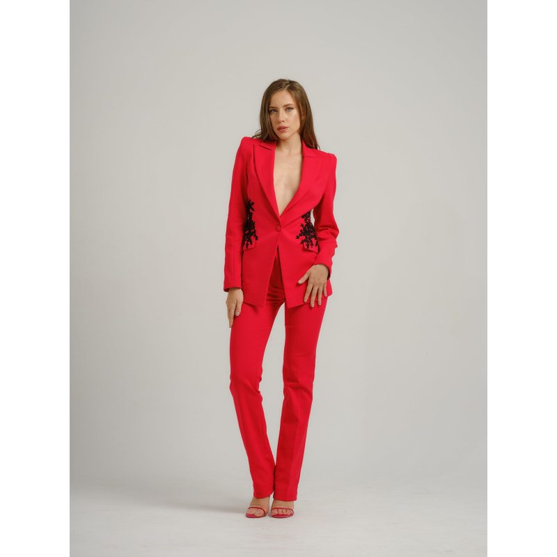 Red fitted women's suit cheap