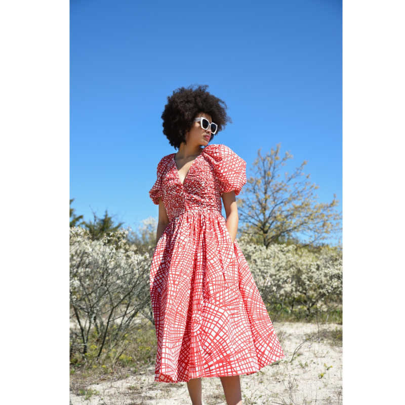 Red Gingham Taffeta Midi Dress by Jessie Zhao New York