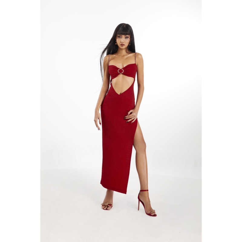 Thumbnail of Red High Split Jersey Maxi Dress With Coat image