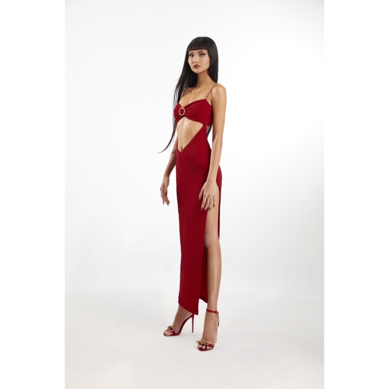 Thumbnail of Red High Split Jersey Maxi Dress With Coat image