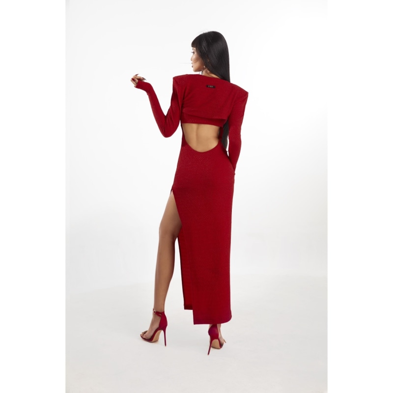 Thumbnail of Red High Split Jersey Maxi Dress With Coat image