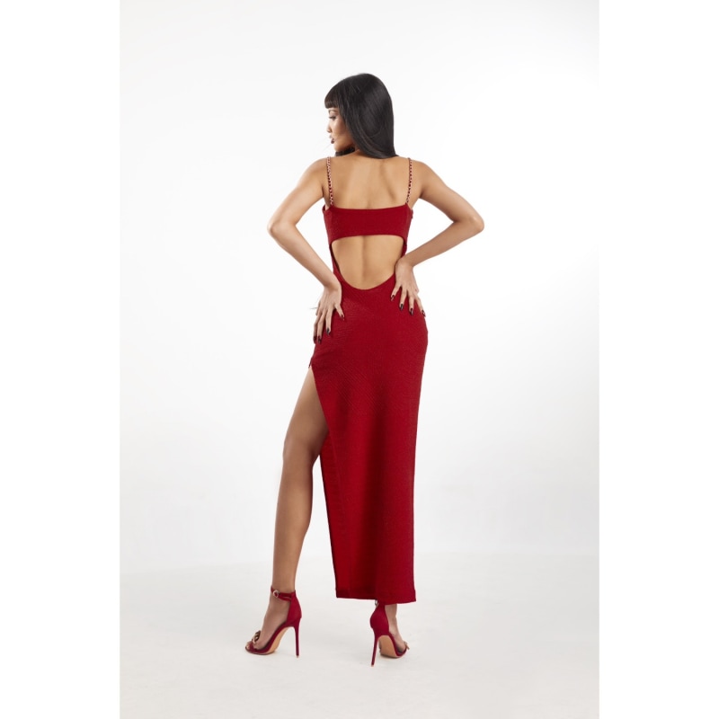 Thumbnail of Red High Split Jersey Maxi Dress With Coat image