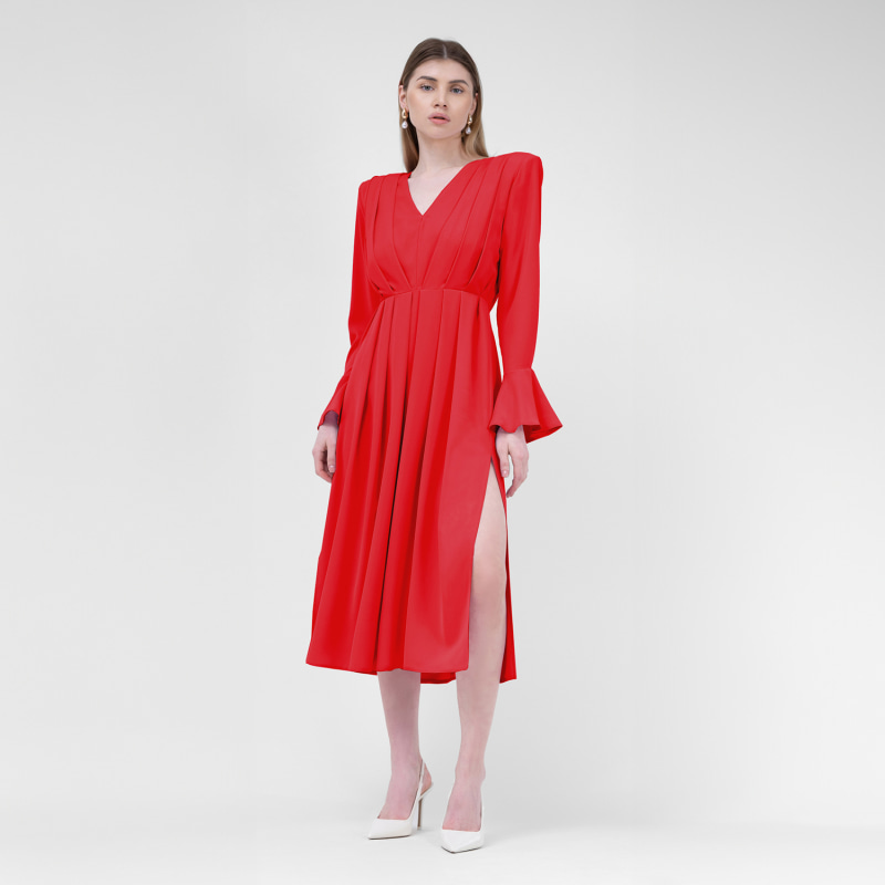 Thumbnail of Red  Midi Dress With Pleats And Proeminent Shoulders image