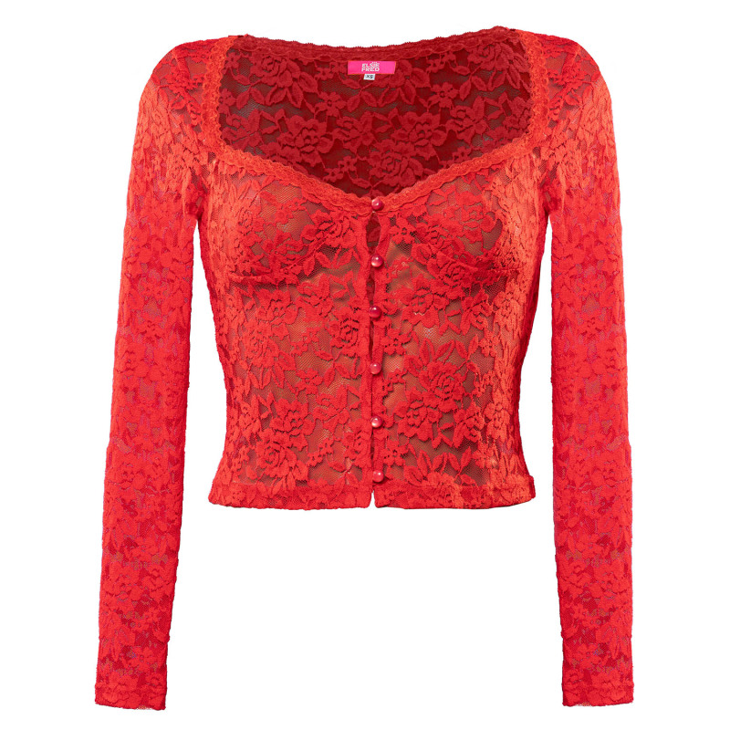 Red Sonja Lace Sheer Long Sleeve Button Top by Elsie Fred