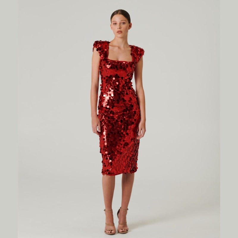 Red Square Neck Mirror Sequin Midi Dress Meraki Official Wolf Badger