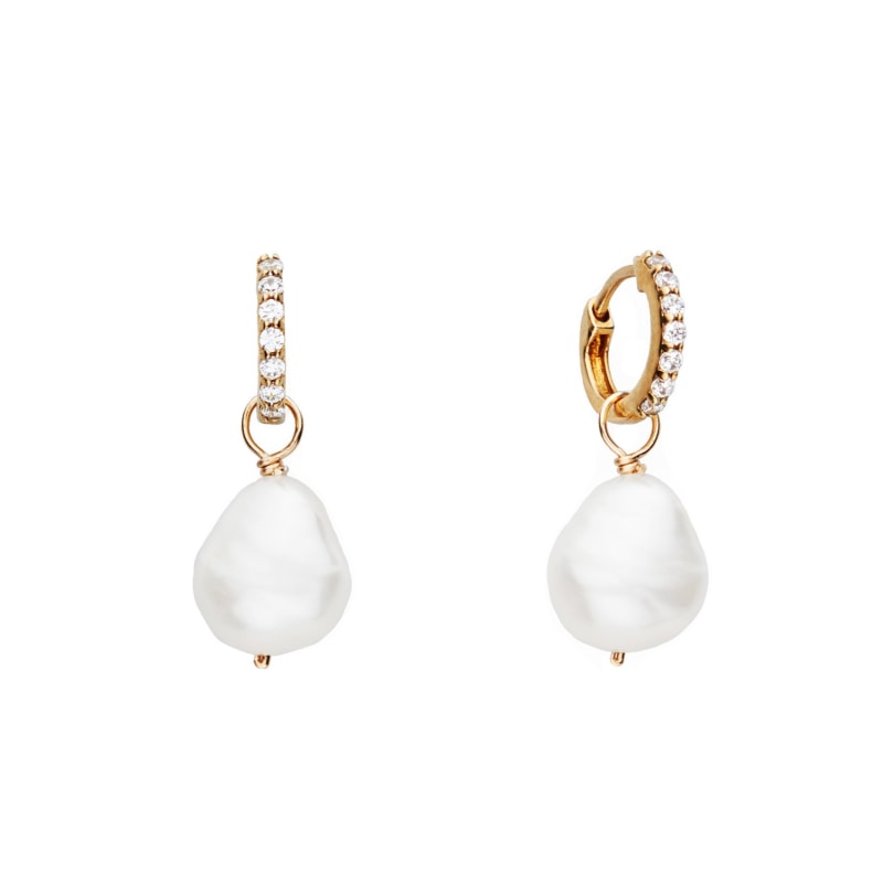 Thumbnail of Small Solid Gold Diamond Huggie Pearl Drop Earrings image