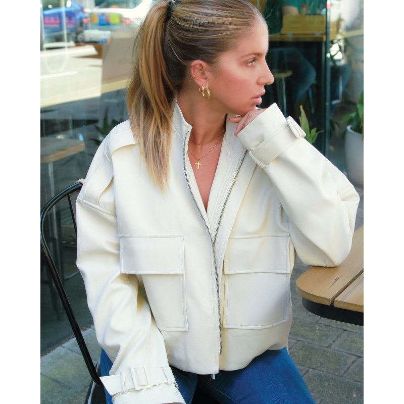 Thumbnail of Reload Draped Leather Look Jacket - Cream image