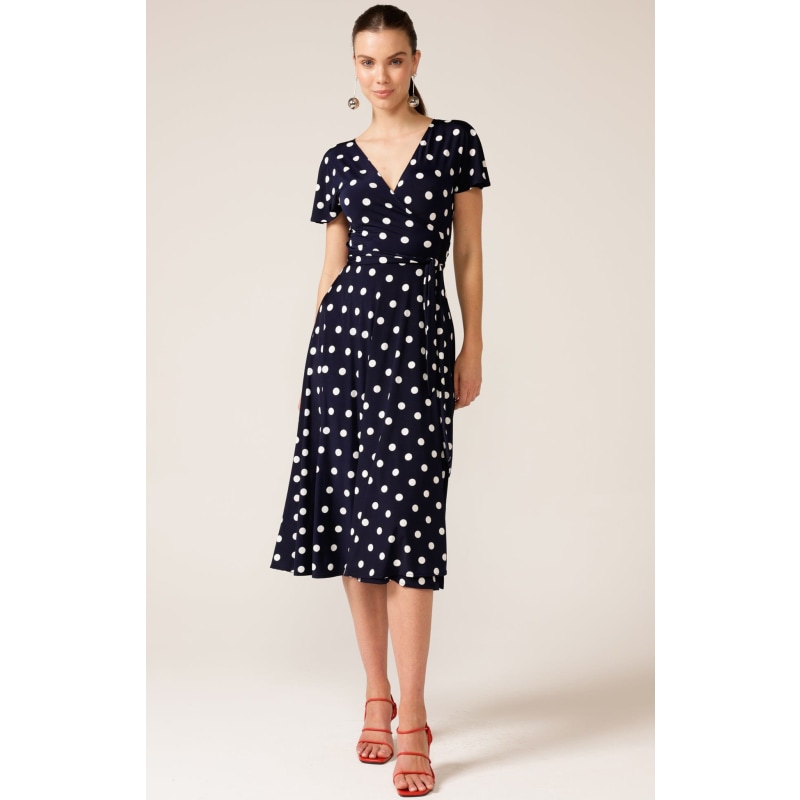 Reverse Wrap Midi Dress In Navy Spot | SACHA DRAKE | Wolf & Badger