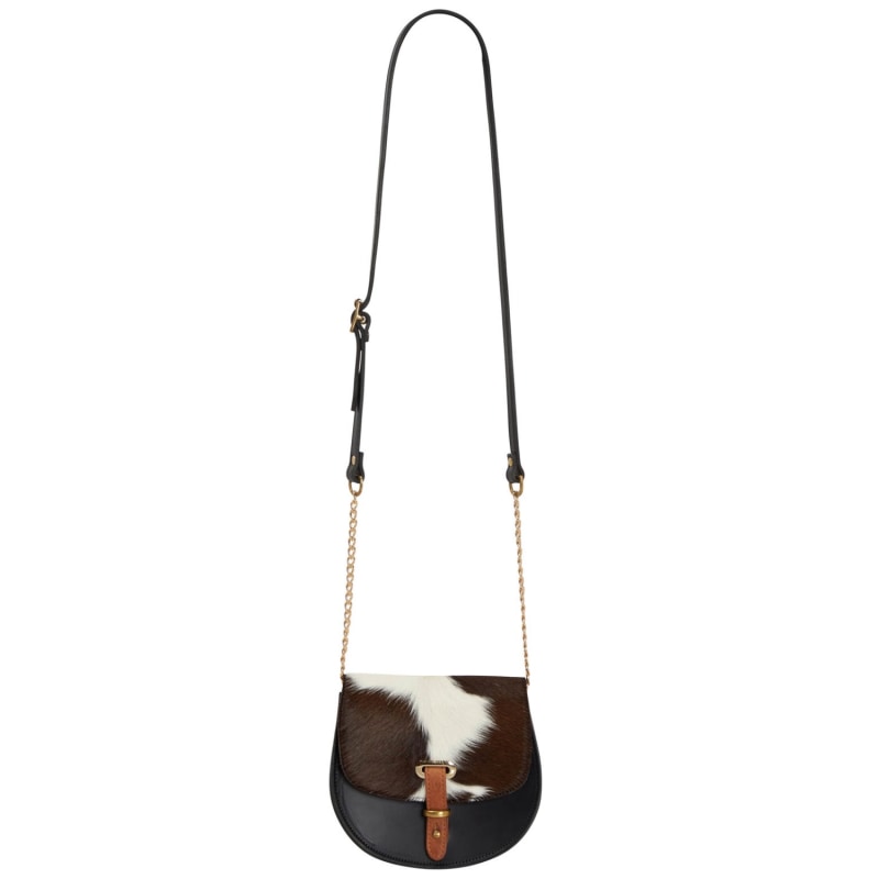 Thumbnail of Mini Victoria Cow Hair Full Grain Black Leather Crossbody Saddle Bag With Gold Chain image