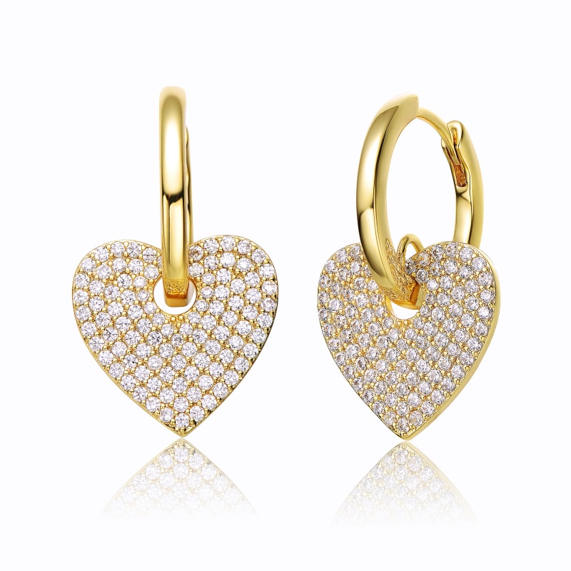 Hoop Earrings with Heart Dangle 14k Gold-plated on Sterling Silver with Sparkling Cubic Zirconia Hoop Earrings with Heart Dangle 14k Gold-plated on Sterling Silver with Sparkling Cubic Zirconia