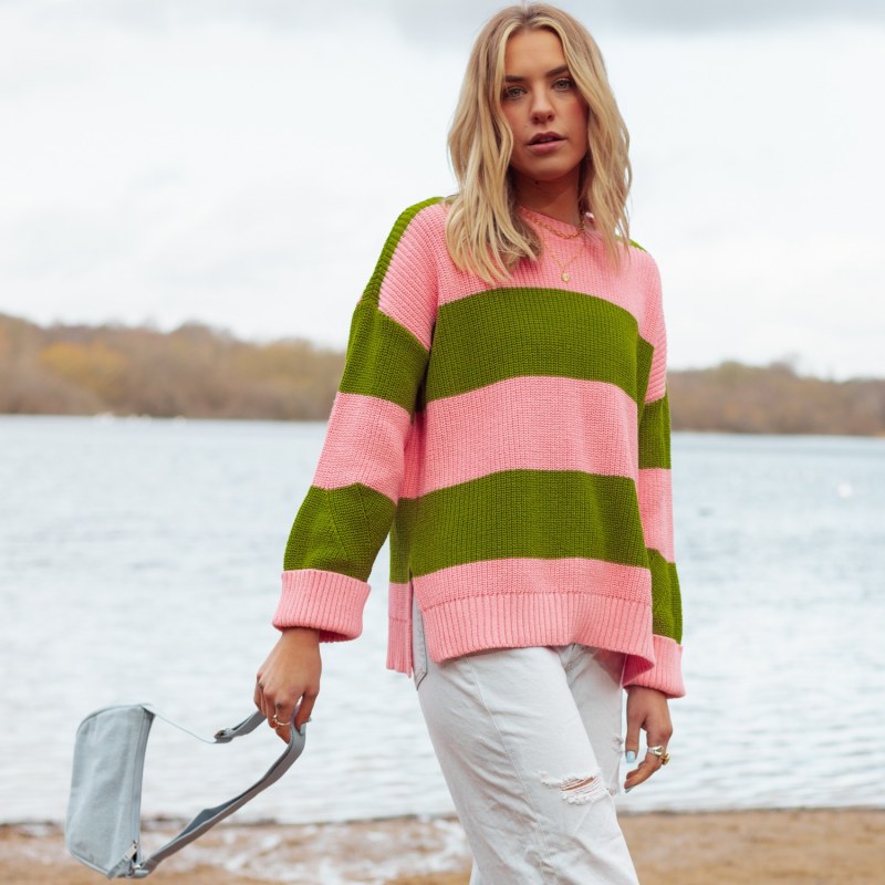 Thumbnail of Rhiannon Recycled Cotton Chunky Stripe Jumper - Pink And Green image