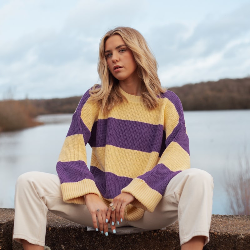 Thumbnail of Rhiannon Recycled Cotton Chunky Stripe Jumper - Purple And Yellow image