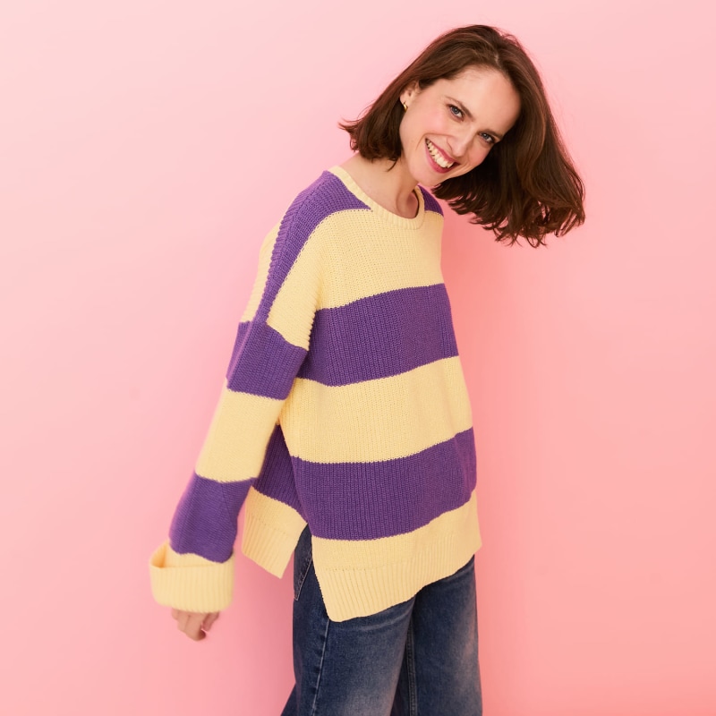 Thumbnail of Rhiannon Recycled Cotton Chunky Stripe Jumper - Purple And Yellow image